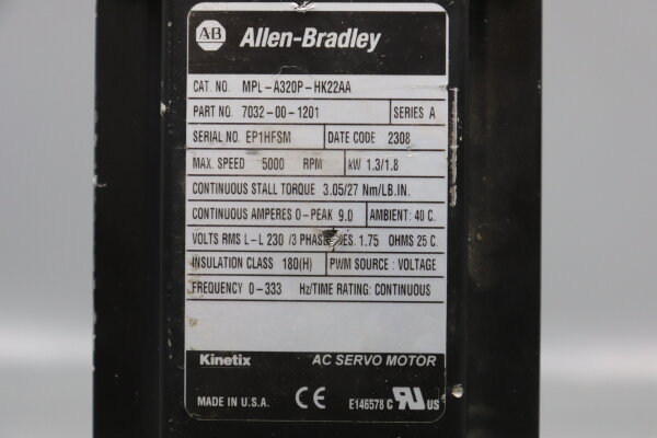 Allen Bradley Servomotor MPL-A320P-HK22AA 500RPM 1,3kW Used